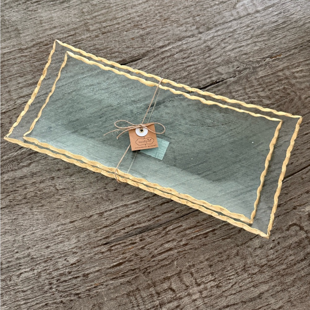 Mud Pie Rectangular Glass Tray set of 2 with Gold Trim